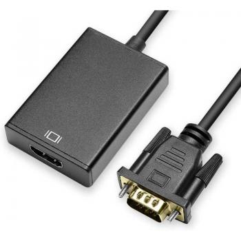 Cable Adaptador VGA Macho a HDMI Hembra con Salida de Audio Mini Jack 3.5mm Negro Convertidor Conversor 1080p