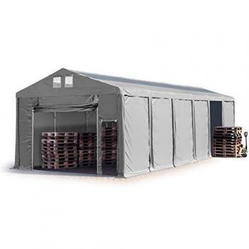 Carpa almacén industrial Toolport 6x12m, altura lateral 3m, PVC 850, color gris, 100% impermeable, con puerta levadiza