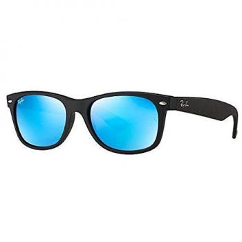 Ray-Ban Unisex-Adult RB2132 New Wayfarer Sunglasses, Black Rubber/Grey Blue Mirror, 52mm