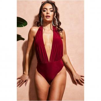 Goddiva Deep Plunge Halter Neck Swimsuit - Wine - Size Large