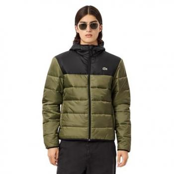 Chaqueta con capucha Lacoste Puffer Contrast impermeable acolchada verde negro M-L