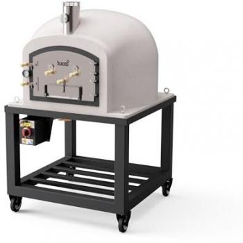 Horno de Leña Exterior Tuozi Modelo Kitaway Aislado con Corcho y 3 Mantas Cerámicas (Blanco - 120 x 120 x 170 cm) con Base Metálica con Ruedas Plus