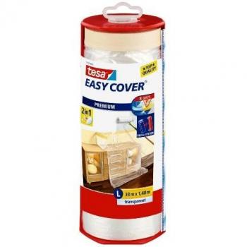 tesa Easy Cover Film PREMIUM , 2 en 1 Película Protectora y Cinta Adhesiva de Pintor para Enmascarar , Recargable, con Dispensador , 33 m x 140 cm