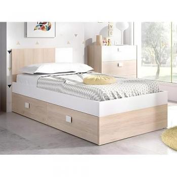 Cama Nido SONIA 2 x 90 x 190 cm - Color Natural y Blanco + Colchón + Somier + Tiroir Reversible