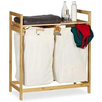 Cesto de Ropa Sucia Portátil de Bambú, Separador con 2 Compartimentos y Estante, Capacidad 60 L, Natural