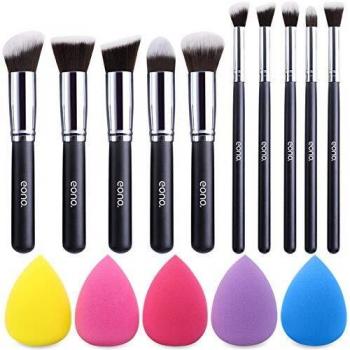 EONO Essential Set de Brochas de Maquillaje Profesional, Synthetic Kabuki Premium para Base Polvos Colorete Contorno, con Esponja y Limpiador de Cepillo