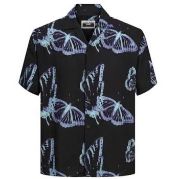 Jack & Jones Men's Black Printed Short Sleeve Shirt Jeff Aop Resort Size L