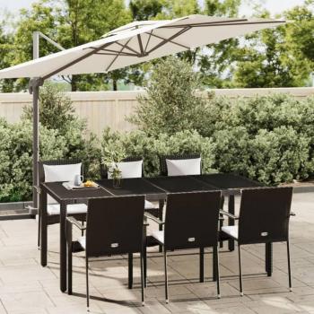 7-Piece Black Poly Rattan Garden Dining Set with Cushions