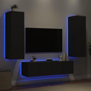 Mueble de TV de pared con LED, 6 piezas, madera de ingeniería, color negro