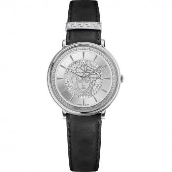 Versace V Circle Black Leather Watch, Gray female, Size: ONE SIZE