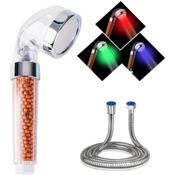 Alcachofa de Ducha LED VEYETTE, Alcachofa de Ducha de Mano con Manguera de 1.5m, Cabezal de Ducha de Mano con 3 Cambios de Color, Ahorro de Agua con Filtro Mineral de Perlas para Mejorar la Calidad Del Agua