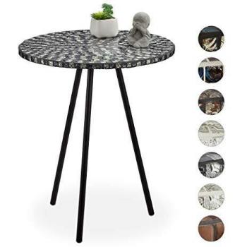 Mesa Auxiliar Mosaico Hecha a Mano, Hierro-DM-Cristal, Diseño Étnico, Redonda, 50 x 41 cm, Blanco-Negro