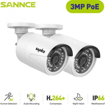 Cámara de vigilancia SANNCE PoE 3MP para interiores y exteriores con 36 LED IR, IP66 resistente a la intemperie para NVR SANNCE N98PBD/N96PBK