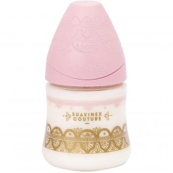 Biberón premium Suavinex Couture 150 ml, diseño étnico en tonos rosas con tetina redonda de flujo lento fabricada de silicona, a partir de 0 meses.
