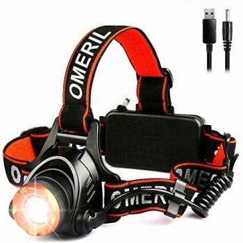 OMERIL Linterna Frontal LED, Linterna Cabeza USB Recargable con 2 Baterías - 4000mAh, Zoomable y Ajustable Luz Frontal con 3 Modos, Frontal LED para Camping, Excursión, Pesca, Caza, Ciclismo - IPX4