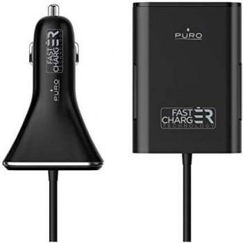 Cargador de Coche PURO 4 Puertos USB (2 Integrados + 2 Extra) 6.8A Negro con Cable de 1.8m