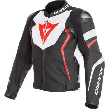Chaqueta de cuero Dainese Avro 4 - Negro, Blanco y Rojo Fluo