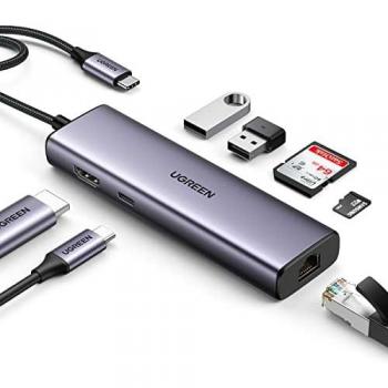 Adaptador UGREEN Hub USB C Ethernet Gigabit RJ45 4K 30Hz HDMI Lector Tarjeta SD TF USB 3.0 PD 100W Carga para Macbook Pro Air M2 M1