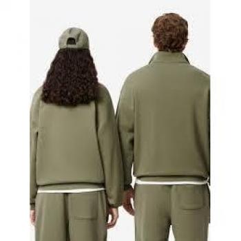 Sudadera unisex Lacoste de cuello alto y corte holgado, color verde oscuro, con media cremallera, talla XS
