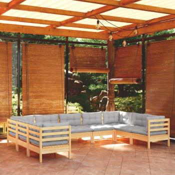 9-Piece Pinewood Garden Lounge Set with Grey Cushions