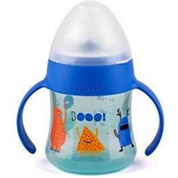 Suavinex - Biberón con asas First Booo 150ml. boquilla antiderrame de silicona. diseño ergonómico. Biberón bebé +4 meses, color Azul