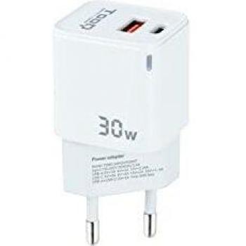 TOOQ TQWC-GANQCPD30WT - Cargador de Pared de 2 Puertos con Tecnología GAN, un Puerto USB-C PD y Otro