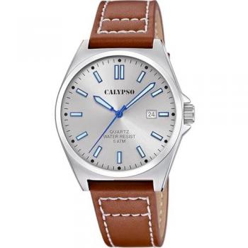Reloj Calypso Basic K5868/2 Gris Hombre, Caja de Acero Inoxidable 316L Plateado, Correa de Piel Marrón