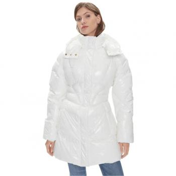 PINKO Long Padded Crystal Nylon Jacket, White, Size S