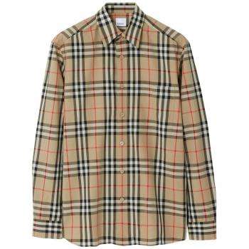 Burberry Men's Check Motif Cotton Shirt in Beige | Size XL | 8070577A7028