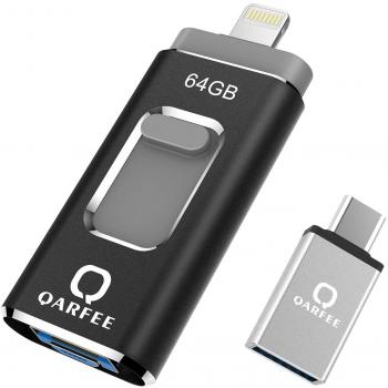 QARFEE Memoria USB Universal de 64 GB, Pen Drive Tipo C Micro USB Unidad de Almacenamiento Externo U Disk para iPhone/iPad/iPod/Mac/iOS/Android teléfono móvil y Ordenador,Negro