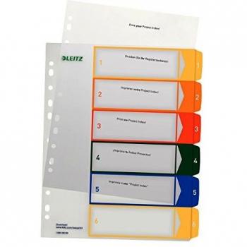 Leitz Índice 1-6, Imprimible con Ordenador, A4, Plástico Rígido, Extra Ancho, Blanco/Multicolor, 12920000