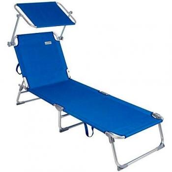 Tumbona de Playa Plegable Ibiza Azul Aluminio con Parasol Ajustable Reclinable 4 Posiciones hasta 150kg 190x59cm