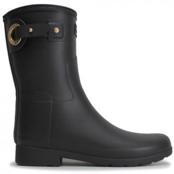 Refined Black Rubber Textile Mid Calf Women's Wellington Boots with Eyelet and Buckle