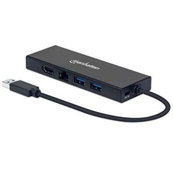 Docking Station USB-A Multiporta con Doble Monitor, 5 Puertos (HDMI, VGA, 2xUSB-A, Ethernet), Aluminio Negro