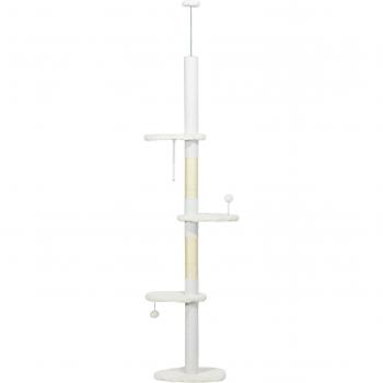 Árbol Rascador para Gatos de Suelo a Techo Ajustable con 3 Plataforma de Forma de Nube y 2 Bolas 48x32x225-255 cm Blanco