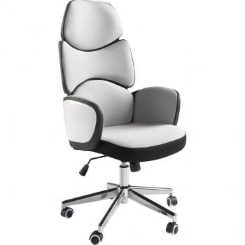 Silla de oficina giratoria Angel Cerdá 4142C, tela gris claro y PVC blanco brillo, dimensiones 64 x 69 x 118/128 cm