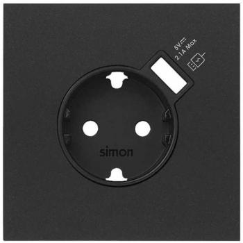 Kit frontal Simon 100 con base enchufe schuko y cargador USB integrado (negro mate)