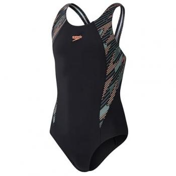Speedo Traje de Baño Hyperboom Splice Muscleback para Niñas, Resistente al Cloro, Negro/Verde Bosque/Nectarina, Talla 13-14 años