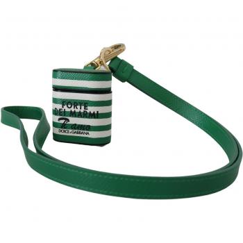 Dolce & Gabbana Green Leather Strap Gold Metal Logo Airpods Case
