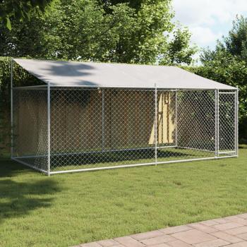 vidaXL Galvanised Steel Dog Cage with Roof and Door, Grey, 4x2x2 m
