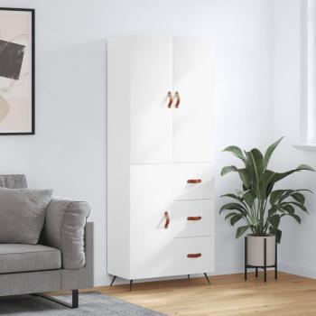 Aparador alto de madera contrachapada blanco 69,5x34x180 cm con 1 puerta y 3 cajones, mueble de almacenaje para salón, buffet y armario auxiliar