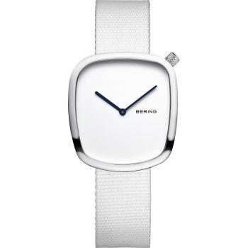 Bering Ladies Ocean Pebble Watch - 30mm Silver with Recycled White Textile Band