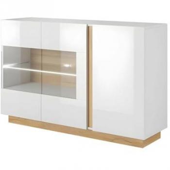 Aparador MURARI - 3 puertas - Con LEDs - Blanco brillante y roble