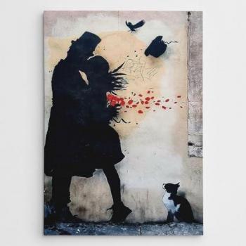 Impresión sobre Lienzo Banksy Enamorado, Poliéster, Madera, Rojo, Gris y Negro, 70x3x100 cm