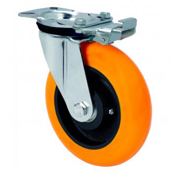 Rueda Giratoria Alex Serie ZVR-HUAB con Platina y Bloqueo Direccional, 4mm, 10ZVRMD150-HUAB, Hierro, Poliuretano Naranja, Bolas de Bal