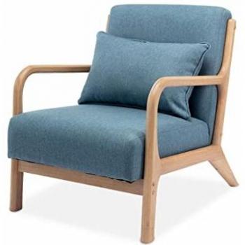 Sillón de diseño Lorens azul de madera y tela con patas de compás escandinavas, dimensiones 65x80x79 cm