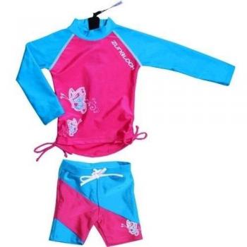 Zunblock Butterfly - Camiseta y pantalones cortos de natación para niña, color rosa / turquesa, talla 110-116