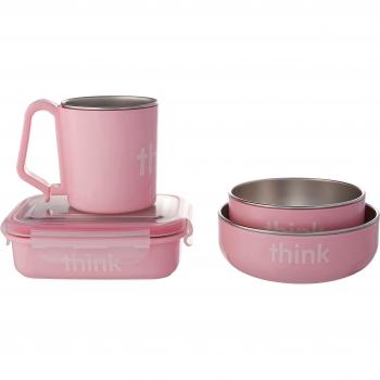 Thinkbaby – Conjunto de 4 Piezas para Alimentación de Bebés hasta Niños en Edad Escolar – sin BPA – Sirve también como Recipiente para Almacenar los Alimentos – 2 Cuencos, Fiambrera y Taza para Niños - Rosa