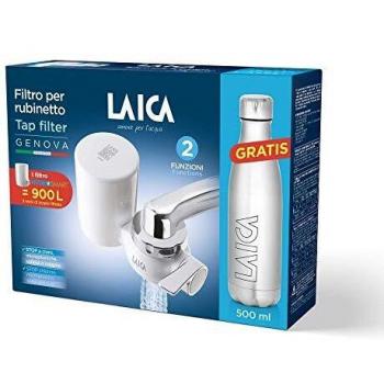 Laica RK10A Genova - Filtro Hydrosmart Fabricado en Italia, 900 Agua filtrada, adaptadores para Grifo incluidos y Botella de Acero Inoxidable de Regalo de 0,5 l, Blanco/Cromado