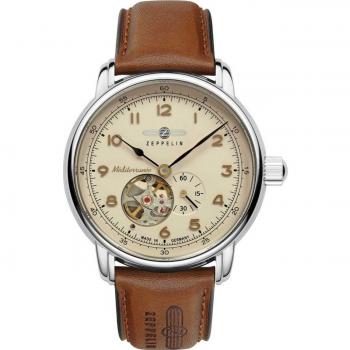 Reloj automático Zeppelin Mediterranee 9666-5 con caja de acero inoxidable, esfera azul, cristal mineral, fondo transparente, correa de cuero marrón y resistencia al agua hasta 50 metros